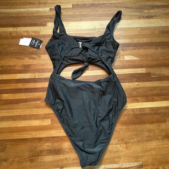 Salt+Cove Sizzle Ribbed Knot-Front One-Piece Swimsuit Black S - Picture 3 of 8